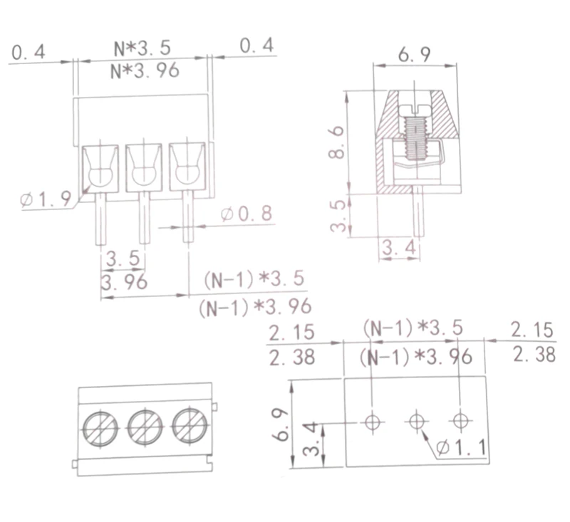 50 Stück Schraubklemmenblock mit 3,5/3,96mm Rastermaß PCB-Anschlussklemme WJ350V 2P 3P Gerade Stiftleiste Morsettiera Anschlussblock 300V 7A – Detail 4