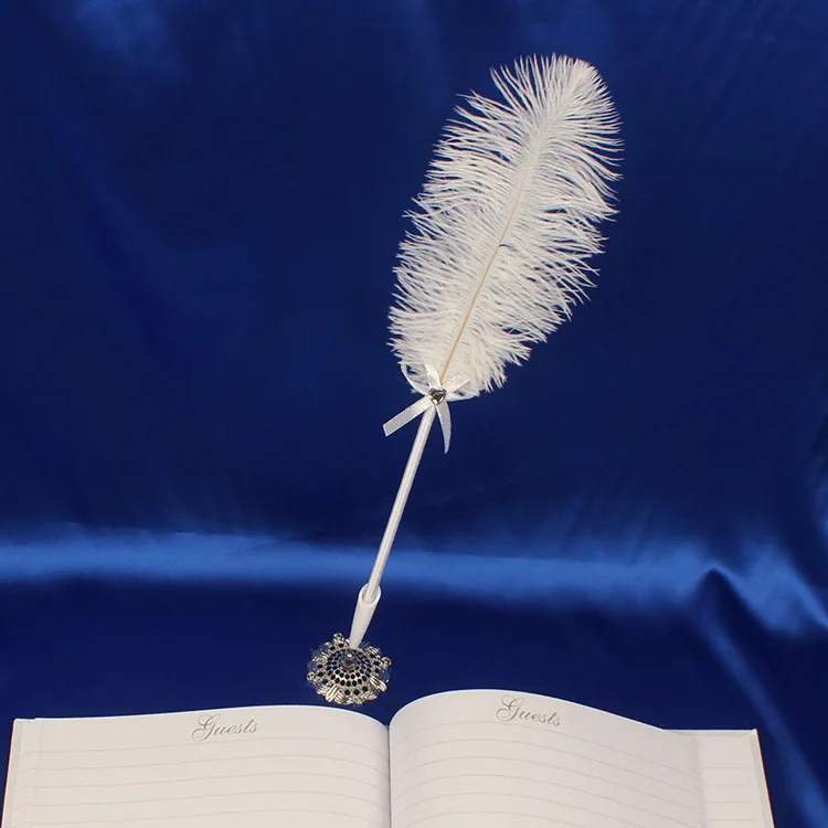 

Free Shipping White Wedding Singature Pen Ostrich Feather Quill Signing Pen with Metal Holder Wedding Pen Set Supplies