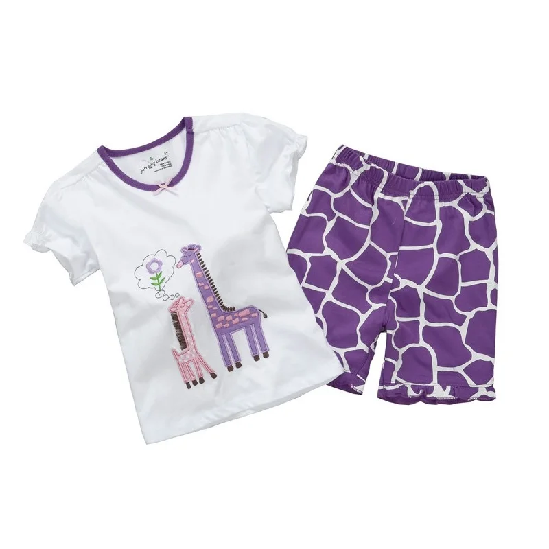 2024 Summer Baby Girls Clothes Suit Giraffe Embroidery Children's Outfits Short Sleeve T-Shirts Kids Clothing Jumpsuits