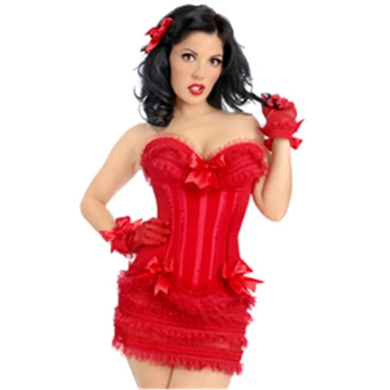 

High Quality Women S-6XL Sexy Lace Bustier Adult Lace Up Tight Party Bowknot Red Corsets Dress