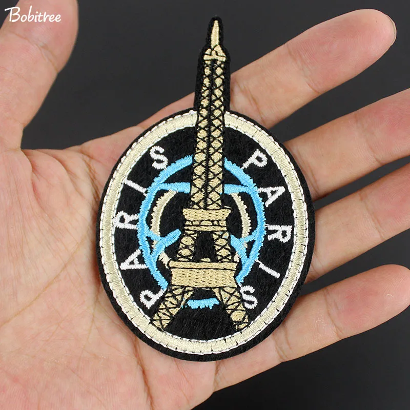 Paris Tower Size 9.9*6.1cm clothes Patch Applique iron on Embroidered Patch for Clothes Stickers Garment  Accessories