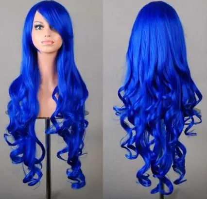 Perruque synthétique longue bouclée rouge pour femmes, perruque de Cosplay, coiffure bleue pour Halloween, Costume de carnaval, frange inclinée, perruque noire