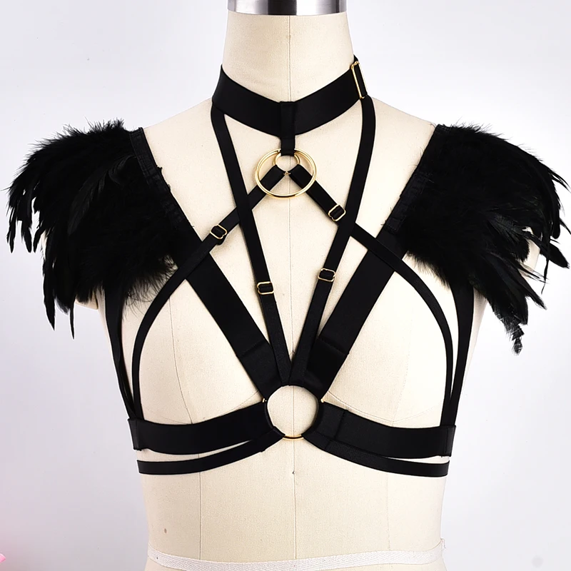 

Black Feather Body Harness O-Ring Epaulettes Lingerie Cage bra Bondage Goth Angel Feather Wings Tops Party Dance Festival Rave