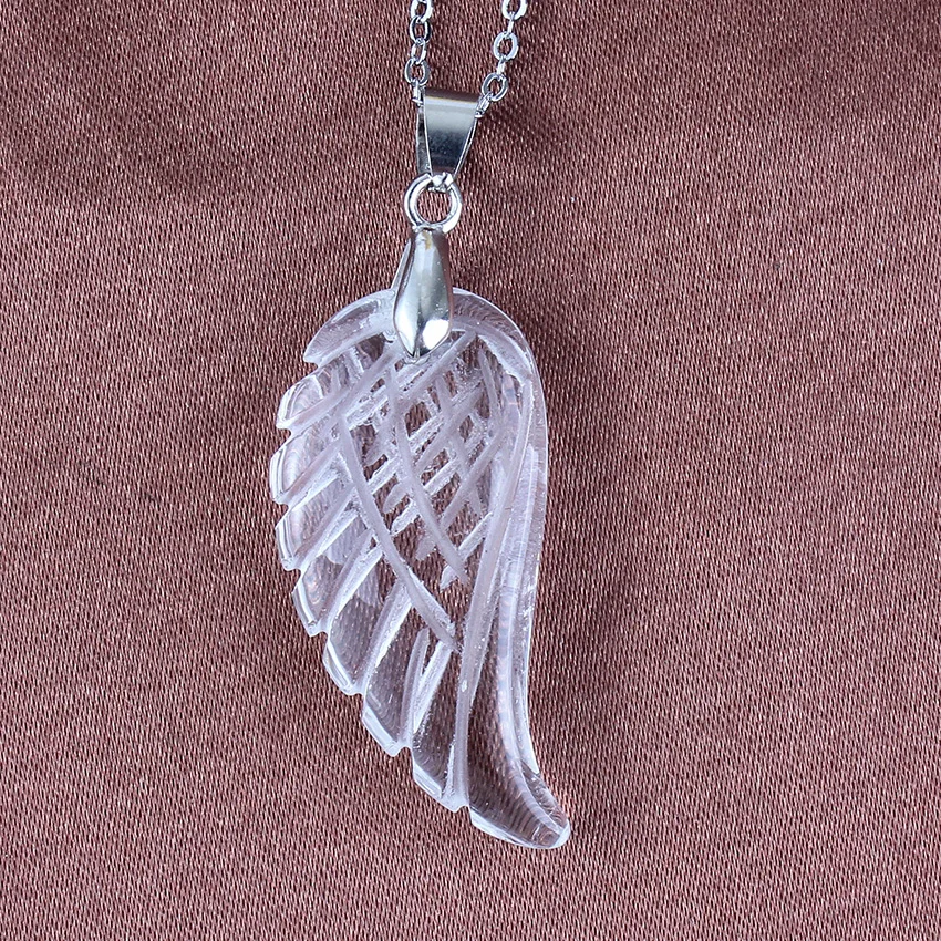 xinshangmie Natural Stone Rock Crystal Bead Carved Angel Wings Feather Pendant for Freedom Wing of Angel Stone Jewelry