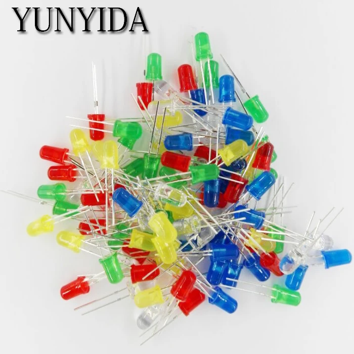 Kit de luz led sortido para diy, branco, amarelo, vermelho, verde, azul, 5 tipos x 20 parts = 100pcs, 5mm x 20pcs