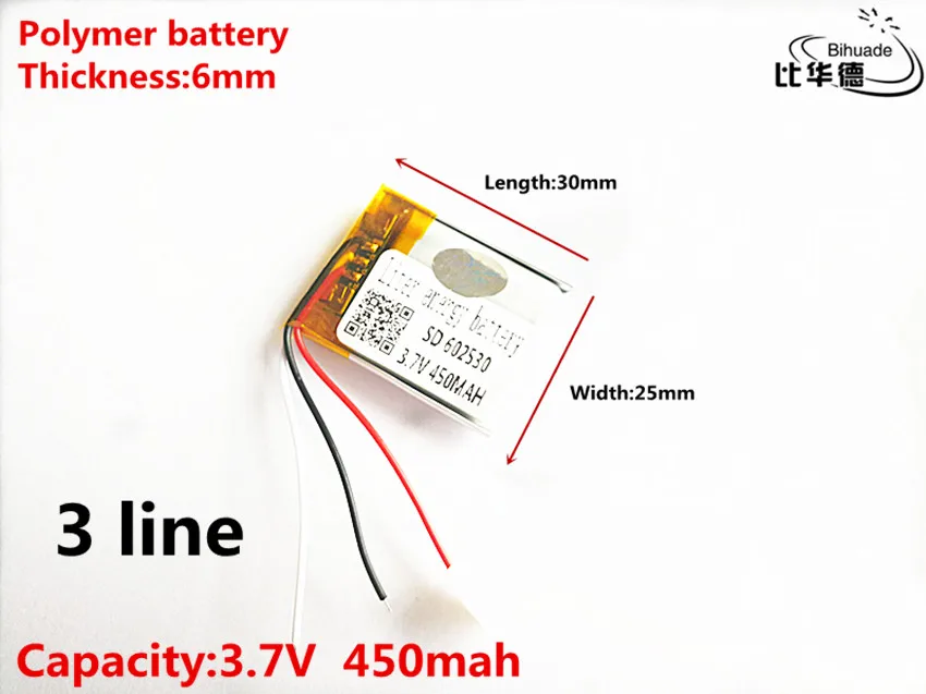 10 pz/lotto 3 linea di Buona Qulity 3.7 V, 450 mAH, 602530 Polimero agli ioni di litio/batteria Li-Ion per il GIOCATTOLO, BANCA di POTERE, GPS, mp3, mp4