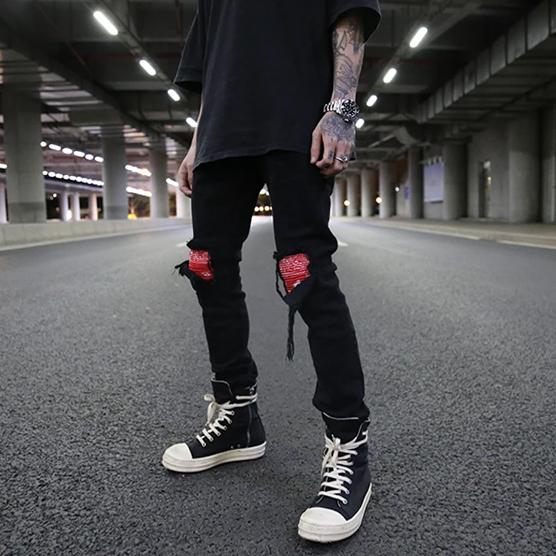 Knee Patchwork Jeans For Men Hip Hop Skinny Biker Taped Jean Trousers Slim Fit Black Denim Pants Fashion Streetwear Jogger