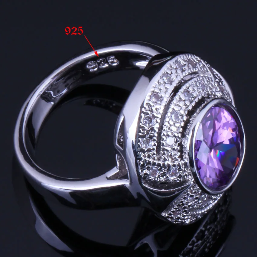 Gallant Oval Egg Purple Cubic Zirconia White CZ Silver Plated Jewelry Sets Earrings Pendant Chain Ring V0273