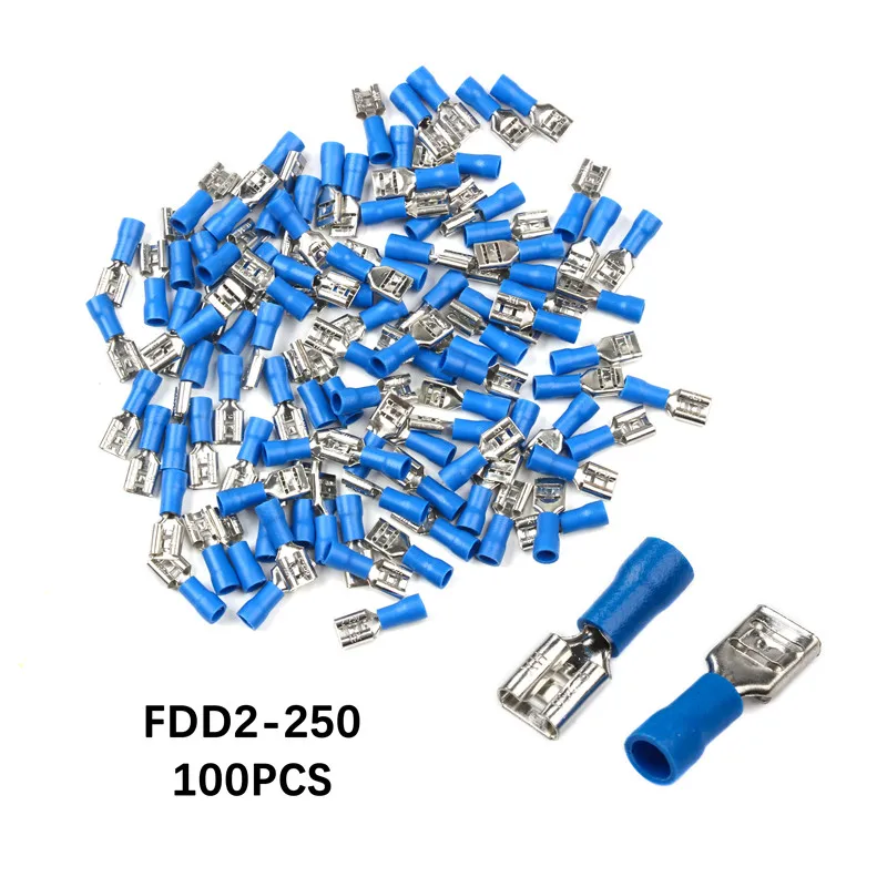 

100PCS Blue FDD2-250 Female Insulated Electrical Crimp Terminal set for 1.5-2.5mm2 Connectors Cable Wire Connector