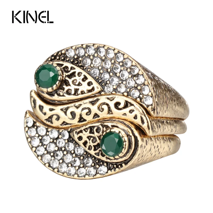 Kinel New Arrivals Fashion 3Pcs Bohemia Women\'s Rings Sets Antique Gold Color Mosaic Crystal Midi Ring Unique Retro Jewelry