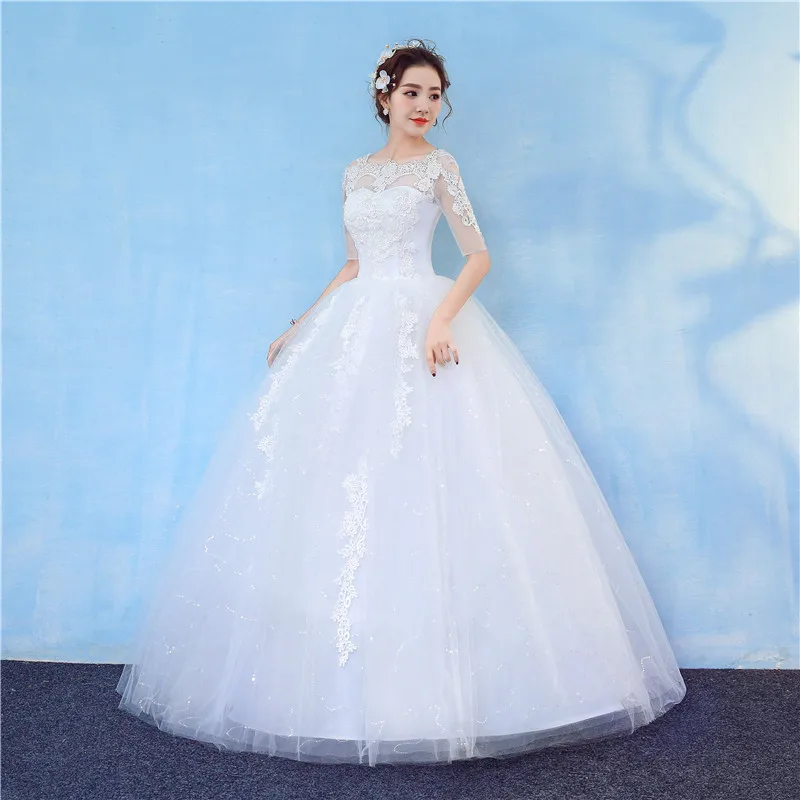 Real Photo Vestido De Noiva Orgazan Boat Neck Half Sleeve Wedding Dress Cheap New Fashion Lace Elegant Bride Princess Appliques