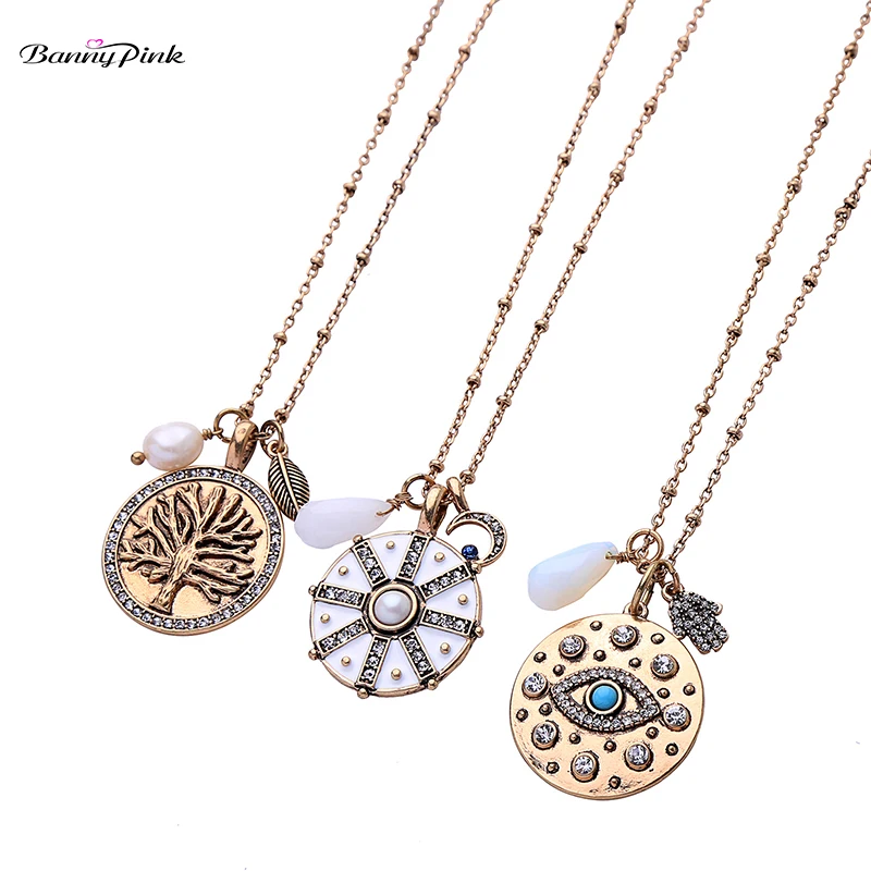 Banny Pink Vintage Carved Tree Moon Star Eye Charms Pendant Necklace Ethnic Enamel Round Disc Sweater Chain Necklace Colliers