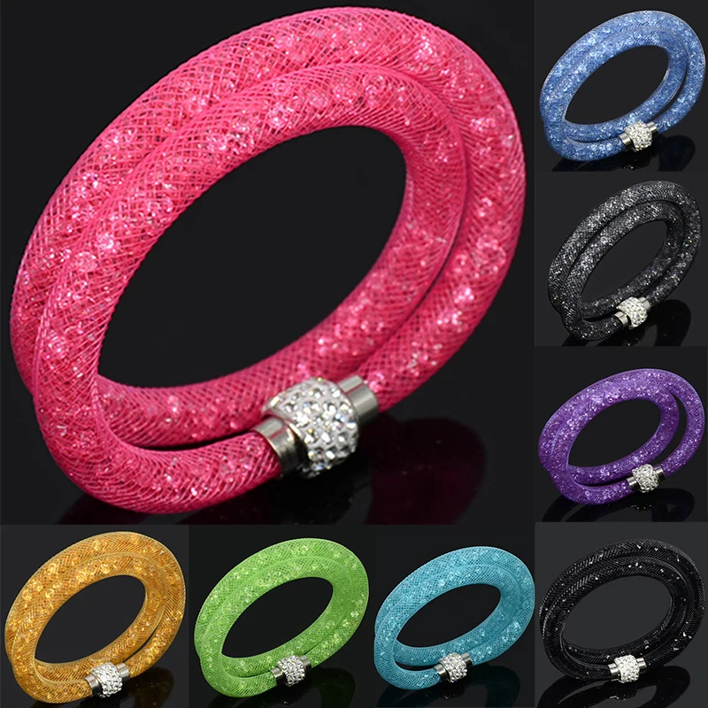 Chanfar Fashion Shining Design Crystal Mesh Double Bracelet With Crystal Filled Crystal Magnetic Clasp Wristband Gift For Woman