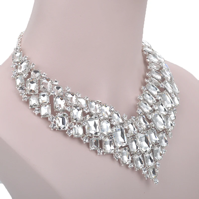 Luxurious Dubai Style Wedding Jewelry Sets Rhinestone Crystal Bridal Silver Color Necklace Earrings Sets Women Party Jewelry