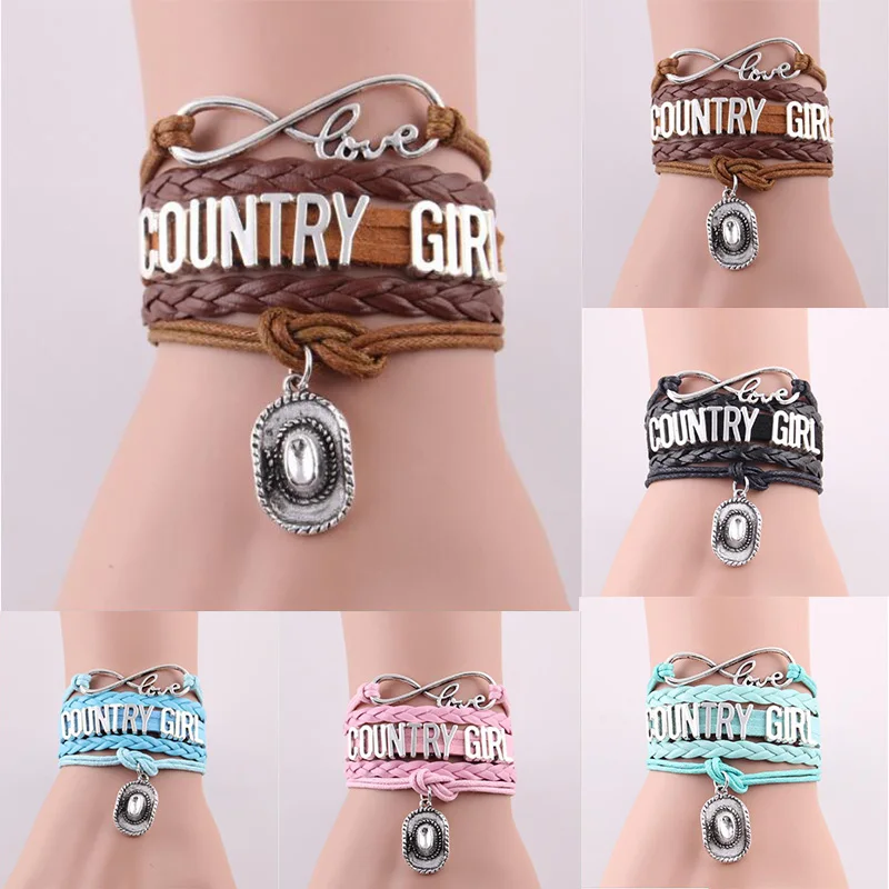 10PC/Lot Infinity Love Country Girl Hat Charm Wrap Bracelet Rope Multilayer Leather Custom Gifts Women & Men Bracelets Jewelry