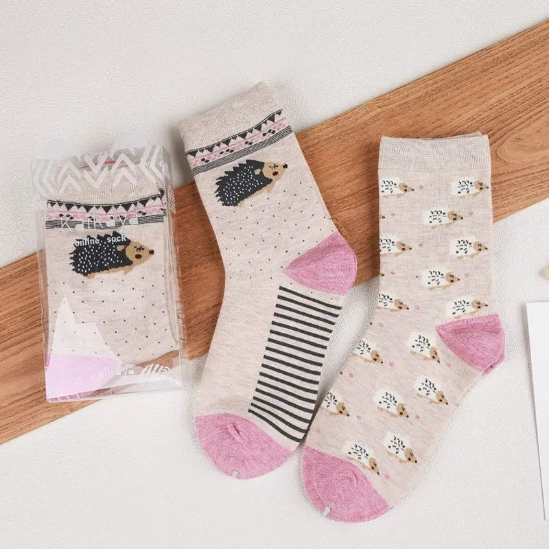 2pairs Cartoon Cat Rabbit Hedgehog Owl Mouse Penguin Squirrel Cow Pig Panda Deer Cute Animal Harajuku Funny Woman Cotton Sock