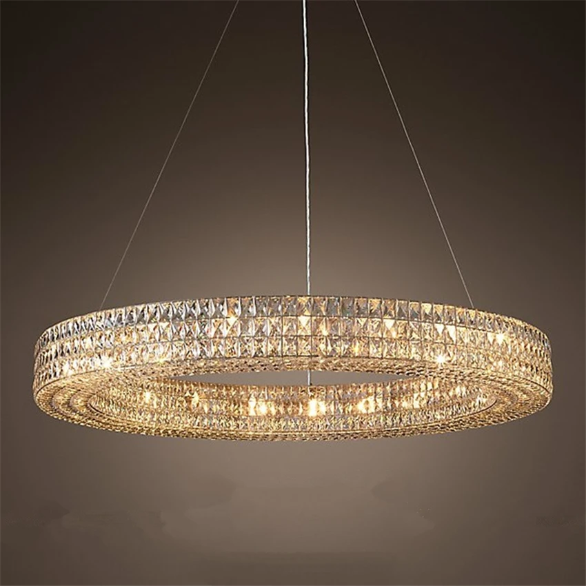 American Crystal Chandeliers Lights After Modern Hotel Living Room Restaurant Bedroom Round Silk Wire Crystal Pendant Lamps