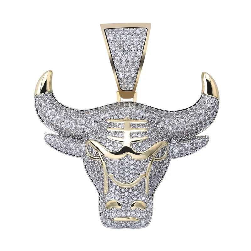 Colares com Pingentes de Cabeça de Touro para Homens, Estilo Hip Hop Bling Ice Out Rapper, com Micro Pavimentação de Pedra CZ AAA Vermelha, Joias Rapper Cor Dourada