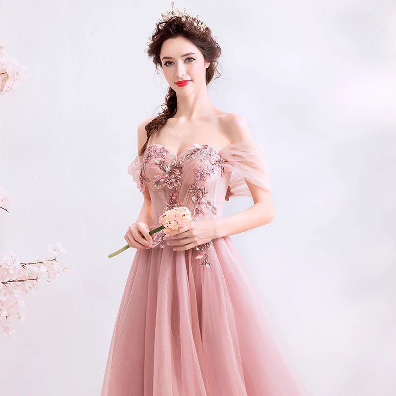 Romantische Off De Schouder Lange Prom Jurken A-lijn Fairy Rode Bonen Poeder Formele Party Dress 2019 Hot Koop Vestidos De prom Jassen