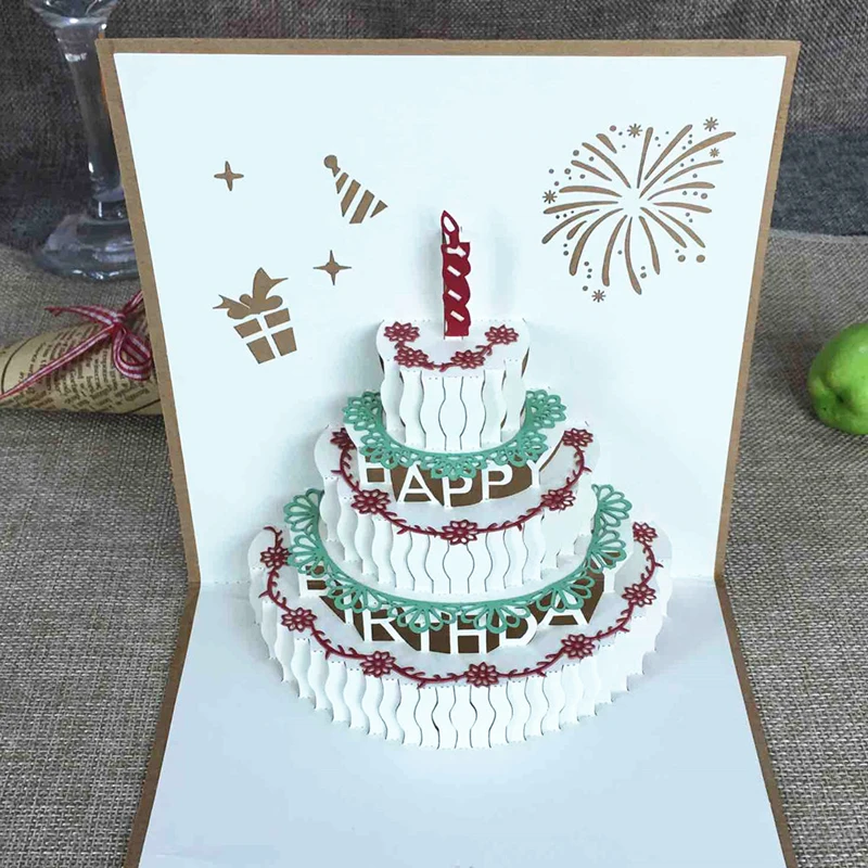 1pcs Vintage Handmade Happy Birthday 3D Pop Up Greeting Cards Gift Cake Card With Envelope Postcard Invitation Anniversary Decor