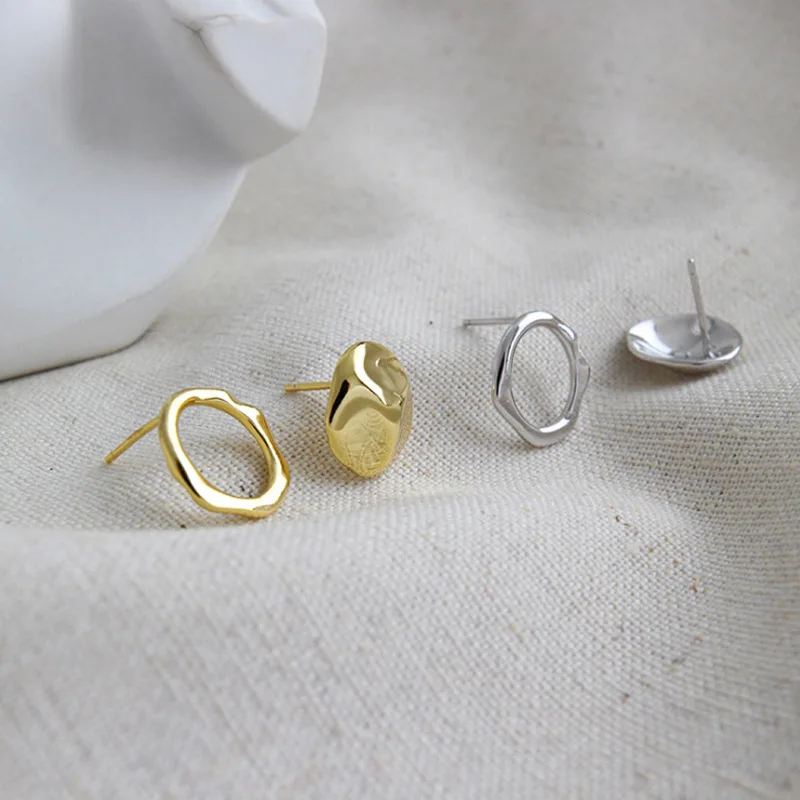F.I.N.S Personalized 925 Sterling Silver Aymmetrical Earrings Small Circle Round Stud Earrings Geometry Concave Korean Earrings