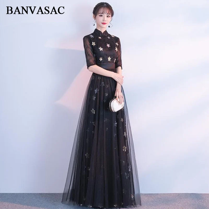 

BANVASAC 2018 High Neck A Line Floral Print Long Evening Dresses Party Lace Embroidery Half Sleeve Sash Prom Gowns