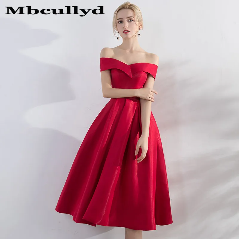 Mbcully-elegante vestido de fiesta rojo Simple para mujer, vestido Sexy de satén con hombros descubiertos para ocasión especial, vestido de gala, oferta barata, 2020