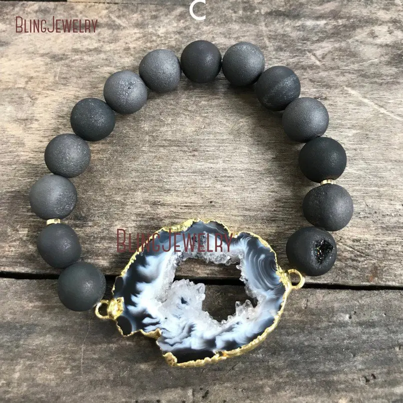 

Round Black Agates Geode Druzy Beads Bracelet Stretch Beaded Stacking Power Healing Stone BM16084