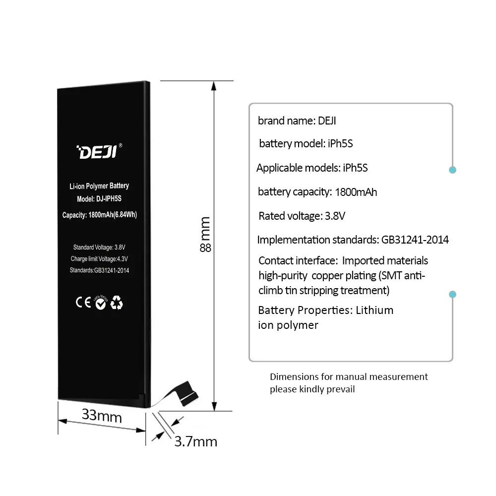 Deji Asli Li-Polymer untuk Apple I Phone 5 S/5GS Tinggi Kapasitas Real 1800 MAh Telepon Internal baterai Pengganti 3.82 V