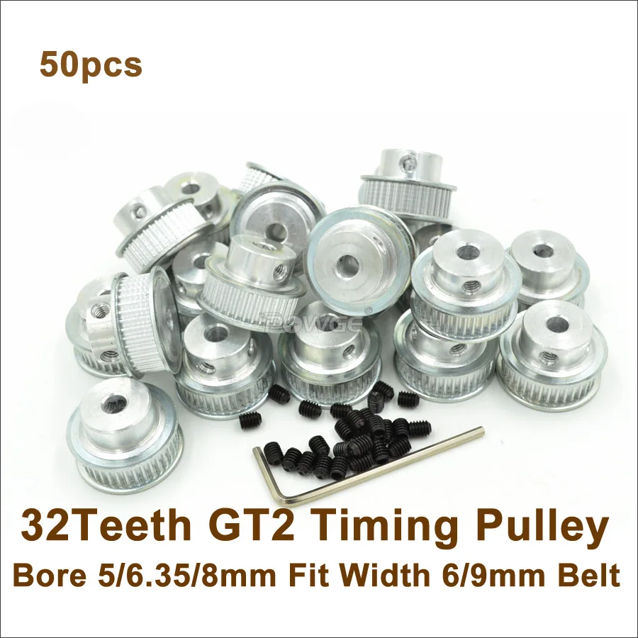 POWGE 50pcs 32 Teeth 2GT Timing Pulley Bore 5-10mm Fit W=6/10mm GT2 Timing Belt 3D Printer 32teeth 32T GT2 Timing Pulley