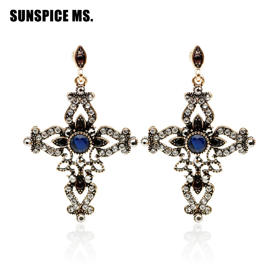 Religious Jewelry Vintage Cross Earrings Women Antique Gold Color Round Resin Dangle Earring Hollow Flower Ethnic Retro Earring