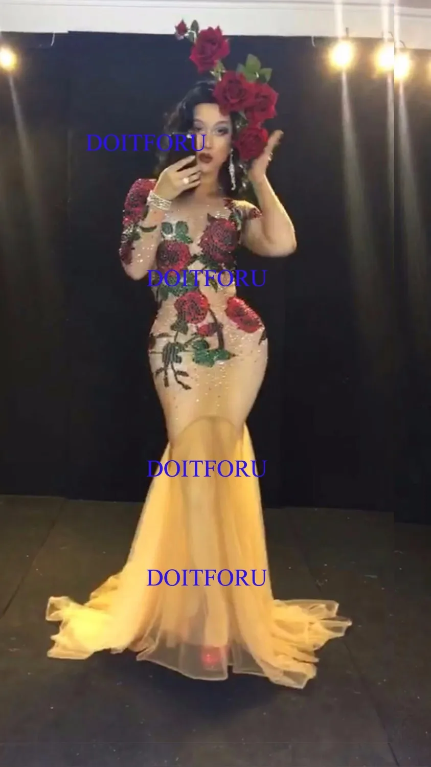 

Bright Crystals Rose Flower Jumpsuit Women Sexy Outfit Party Costumes Stage Wear BodySuit Dance Singer RhinestoneS Rompers