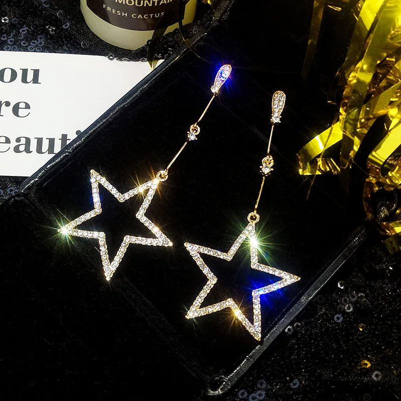 New Shiny Temperament Five-pointed Star Rhinestone Crystal Earrings Personality Wild Long Star Pendant Exaggerated Big Earrings