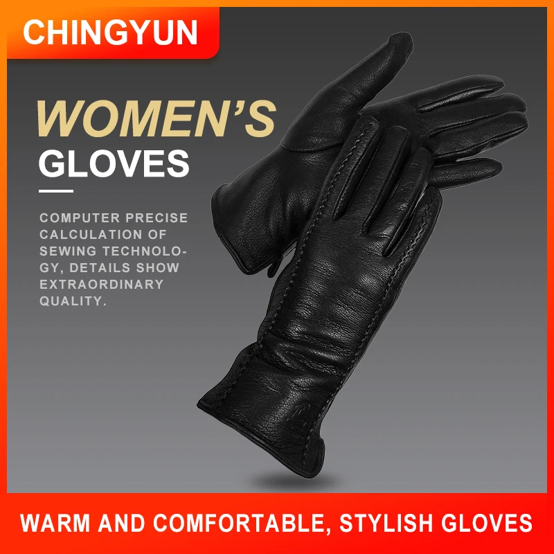 CHINGYUN 2019 New Women's Gloves Genuine Leather Buckskin Gloves Winter Woman Soft Female Warm Lining Balck laciness Mittens