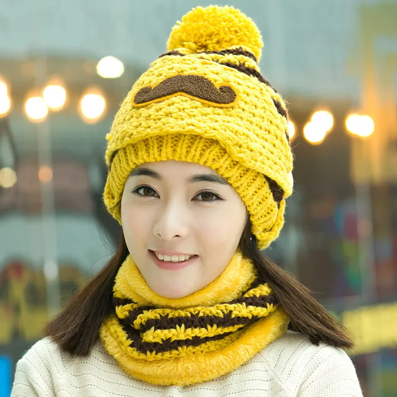 hat scarf mask sets female winter knitted hat knitted autumn and winter thermal masks cap plus velvet cycling cap ear