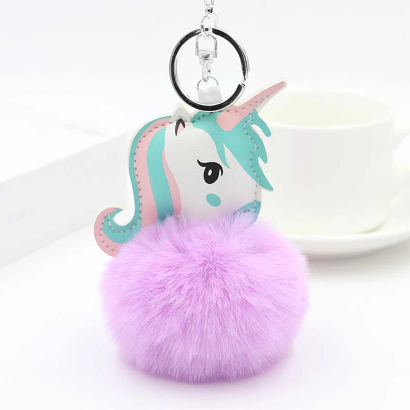 Cute Girls Fluffy Fur Pompon Unicorn Keychain Women Rabbit Fur Ball Pom Pom Horse Key Chain On Bag Car Trinket Female Party Gift
