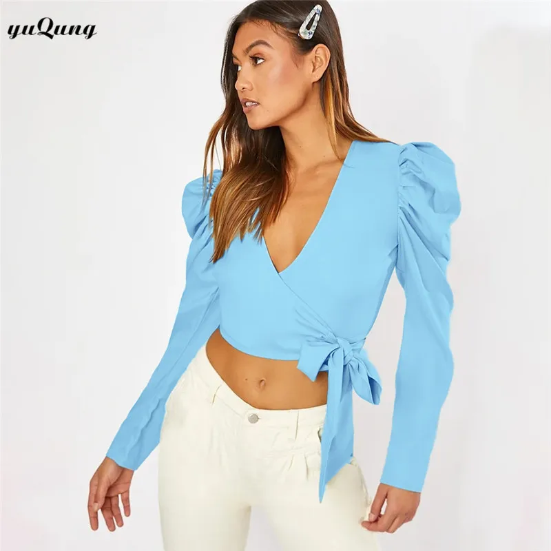 Yuqung Vintage Long Puff Sleeve Blouse Shirt Women Satin V Neck Crop Blouse Female Lace Up Crop Top and Blouses Chemisier Femme