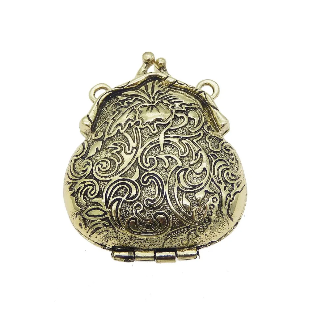 GraceAngie 2PCS Charms Antique Bronze Purse Shape Flower Pattern Locket Alloy Pendants Vintage Jewelry 54*45MM Open&Close Retro