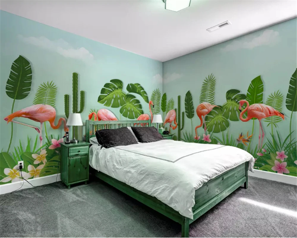 

beibehang wall paper Modern hand-painted plant flamingo custom green silky whole house background papel de parede 3d wallpaper