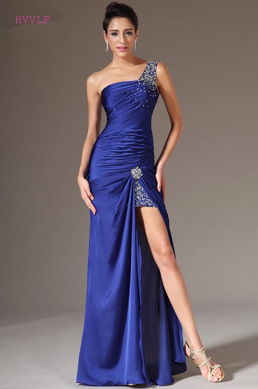 

Blue Evening Dresses Mermaid One-shoulder Chiffon Beaded Slit Long Formal Party Evening Gown Prom Dresses Robe De Soiree