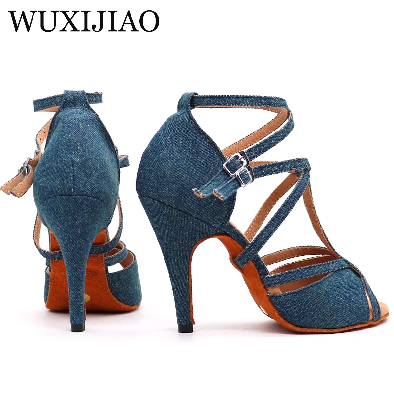 WUXIJIAO Denim Fabric Women Professional Latin Dance Shoes Salsa Ballroom Samba Dance Shoes Ladies High Heels Soft Heel 5-10cm