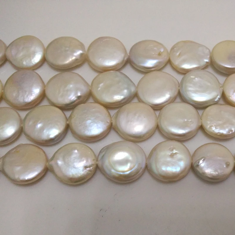 16 inches AA+ 13-14 mm White Coin Shaped Natural Fresh Water Pearl Loose Strand