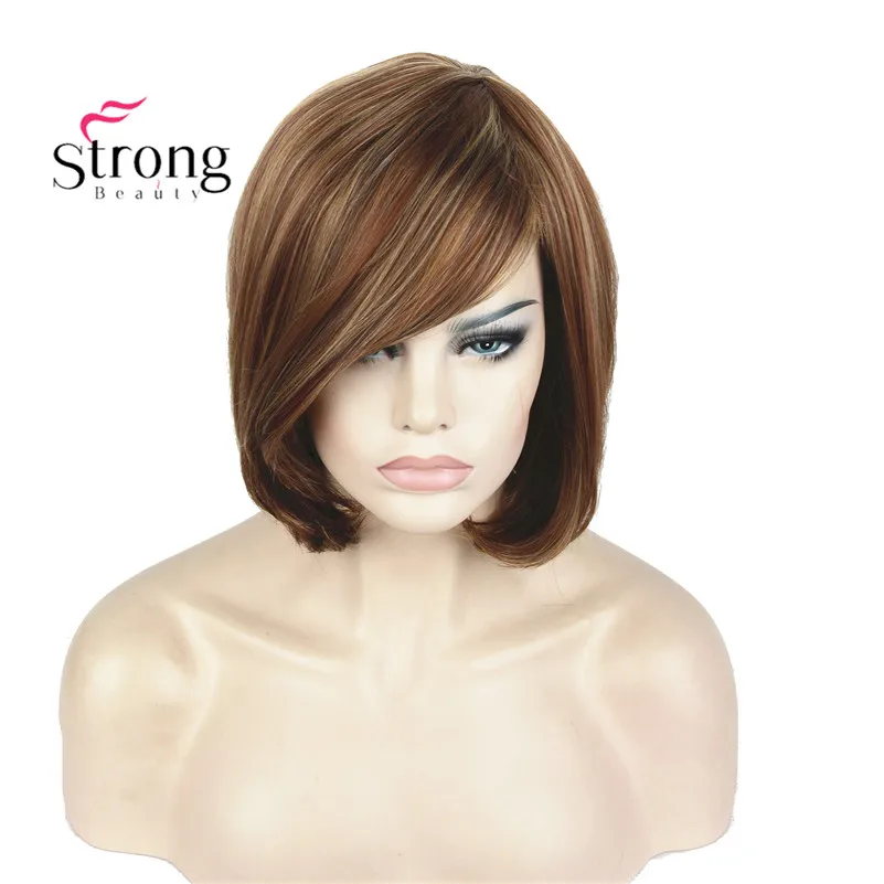 StrongBeauty Short Straight Brown Highlighted Bob Side Swept Bangs Synthetic Wig COLOUR CHOICES