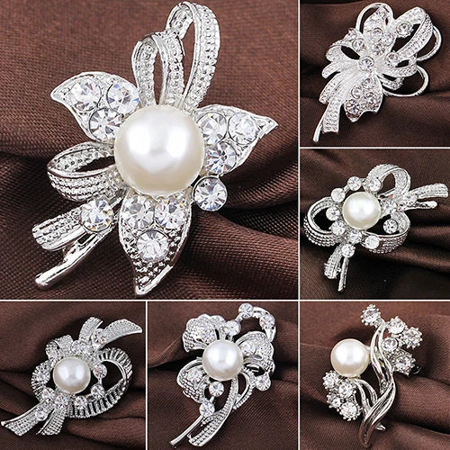 Classic Rhinestone Crystal Women Flower Brooches Bridal Bouquet Pin Simulated Pearl Broches Crystal Brooch Pins Women