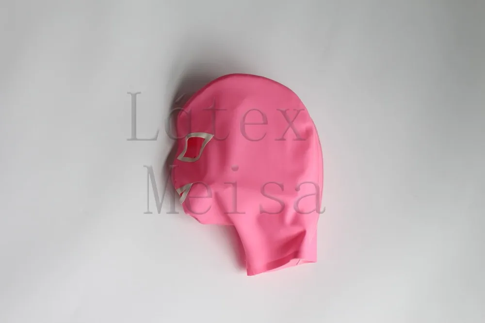 Sexy women's catsuit latex hoods open eyes nostrils and mouth in pink color with back zip