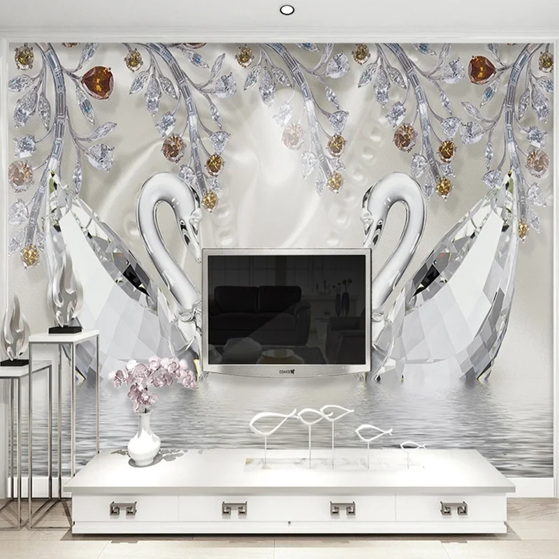 Photo Wallpaper 3D Stereo Crystal Diamond Swan Lake Romantic Beautiful Jewelry TV background Wall Mural European Style 3 D Decor