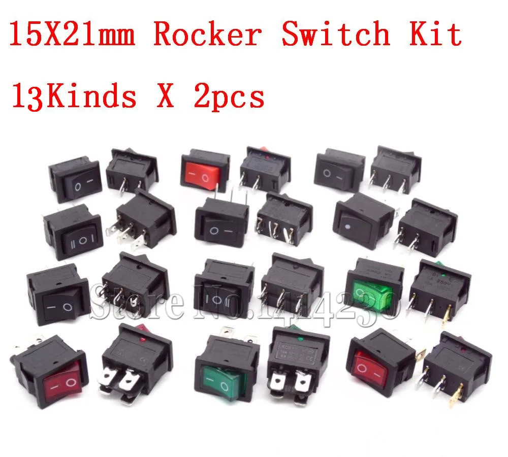 26Pcs Ship Type Switch 15X21 KCD1-101 2Pin 3Pin 4Pin 6Pin 10A 125V 6A/250VAC ON-OFF ON-OFF-ON 15*21MM Rocker Switch Kit 13Kinds