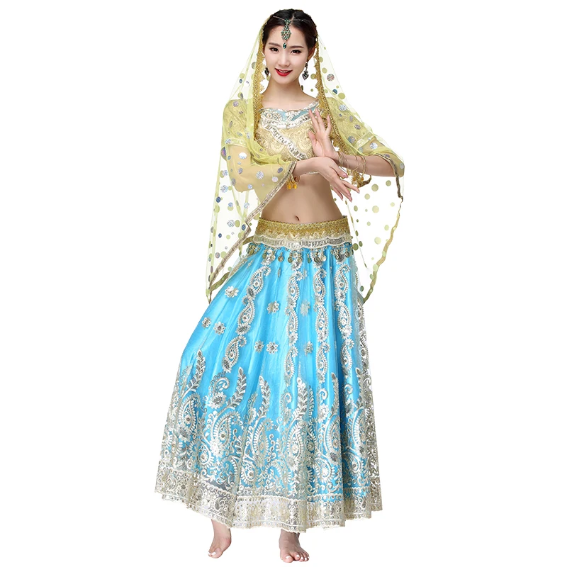 Halloween Christmas Women Belly Dance Outfits Indian Dance Hand-embroidered Bollywood Costume 4pcs Set (Top+Belt+Skirt+Sari)