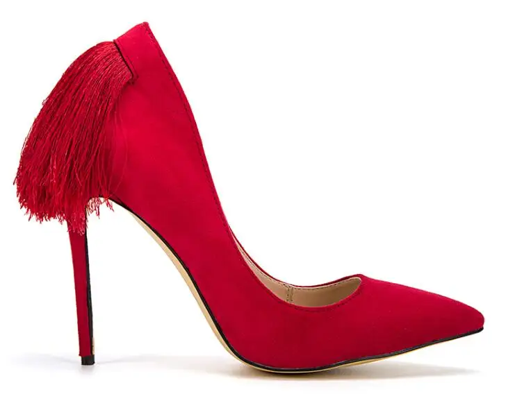 

Women Fashion Pointed Toe Red Suede Leather Back Tassels Pumps Charming Fringes Super High Heels Wedding Evening Shoes