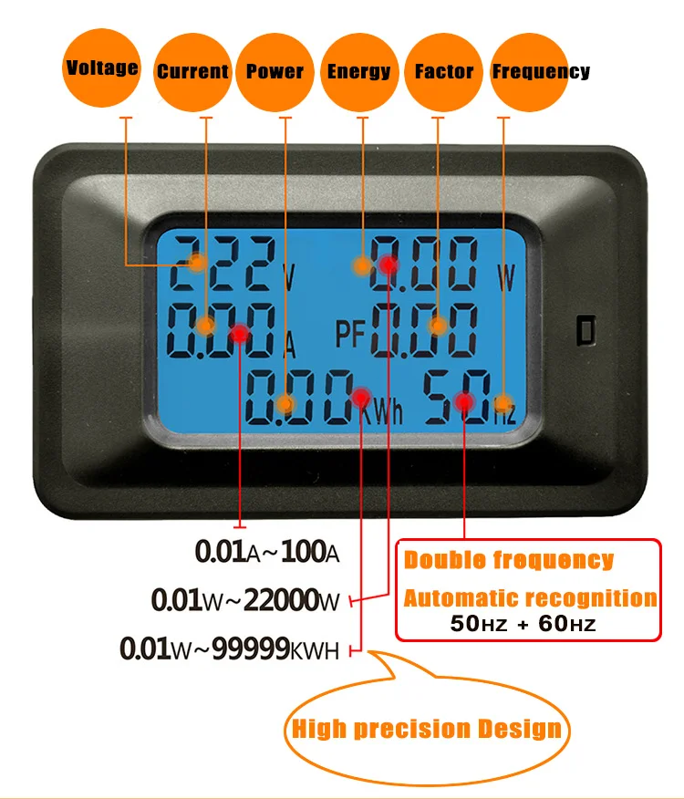 

6 IN 1 Digital Voltmeter Ammeter AC Voltage Tester 100A/20A 110~250V LCD Panel Monitor Hz Power Energy Meter